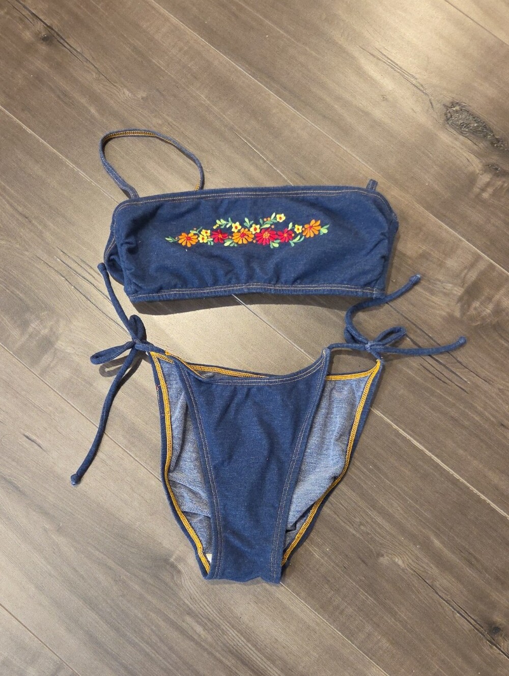 Embroidered Denim-Look Bikini Set in Blue/Navy
